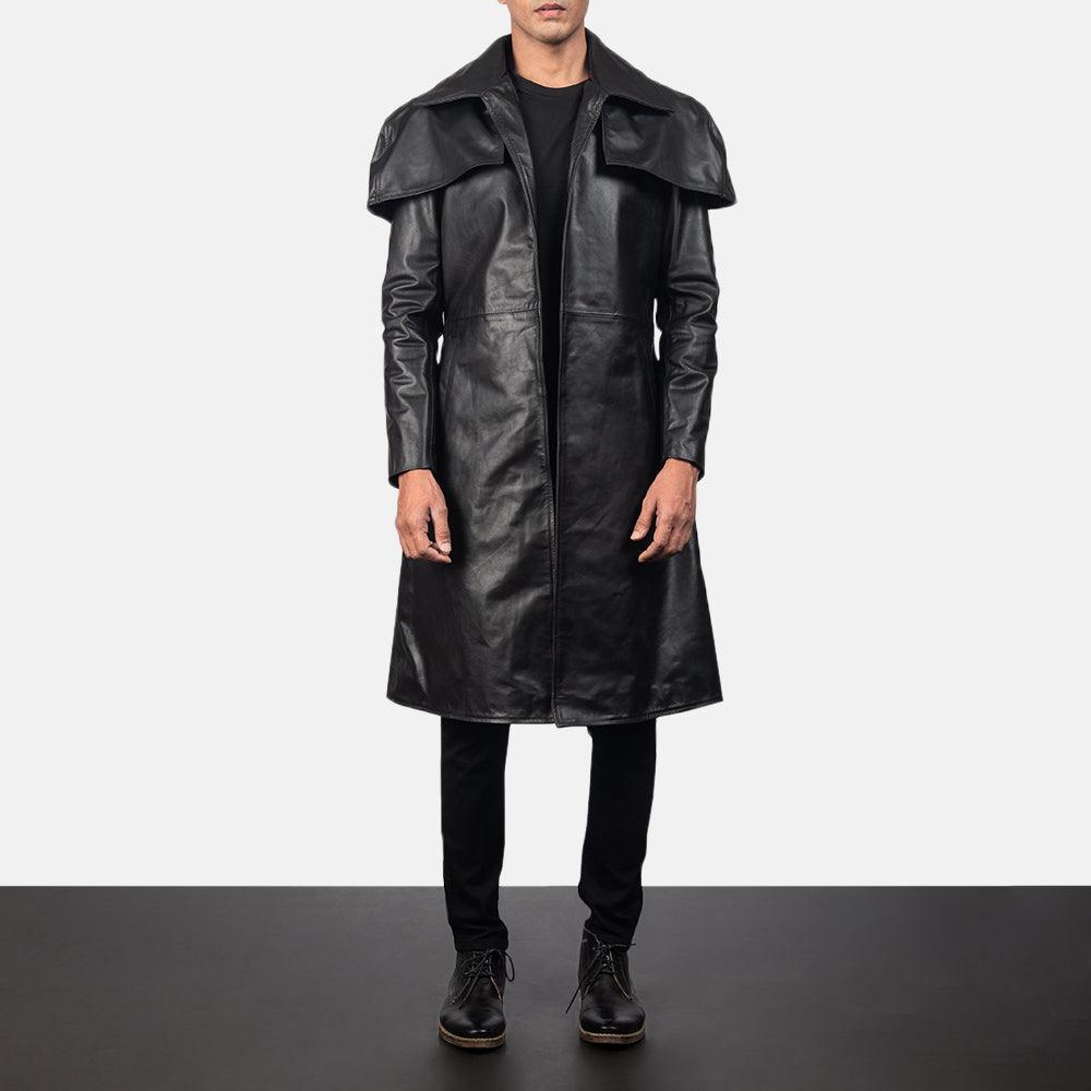 Classic Black Cowhide Leather Duster Coat For Men