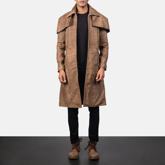 Classic Brown Cowhide Leather Duster Coat For Men