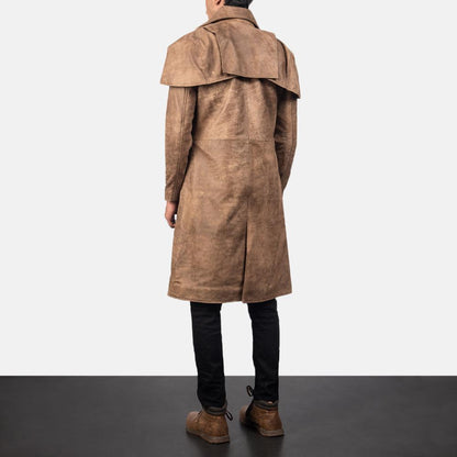 Classic Brown Cowhide Leather Duster Coat For Men
