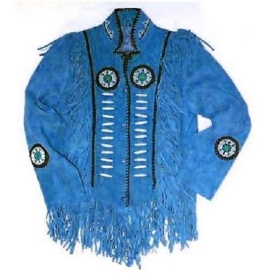 Men's Western Suede Jacket, Fringes Beads Blue Color Jacket