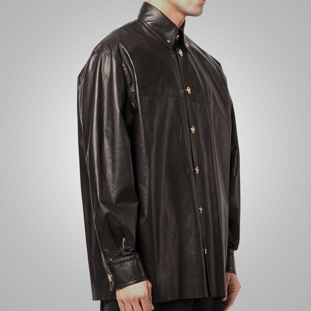 Full Sleeves Black Leather Shirt For Men