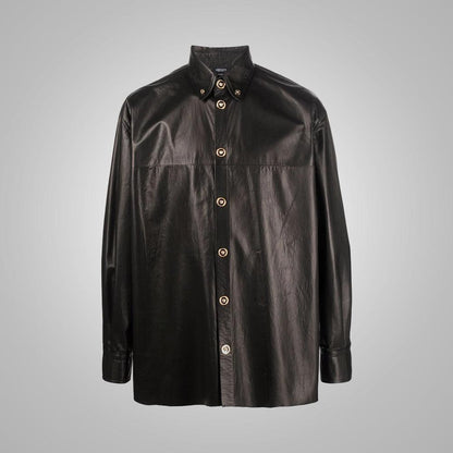 Full Sleeves Black Leather Shirt For Men