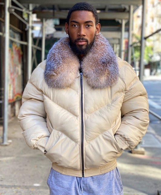 MEN'S CREAM COLOR WITH CRYSTAL FOX V BOMBER JACKET