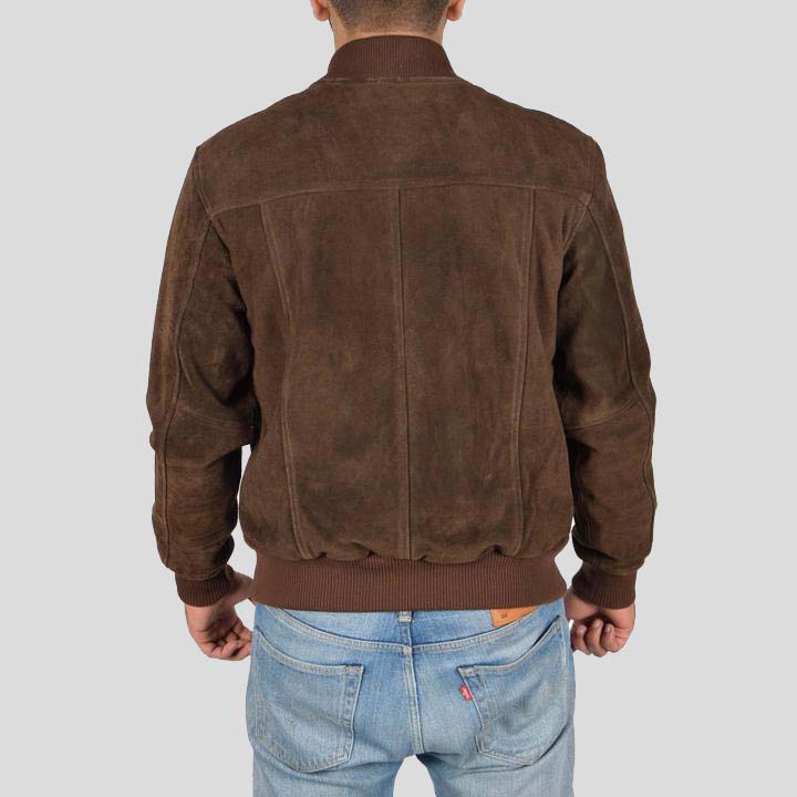 Mens Chocolate Brown Suede Leather Bomber Jacket