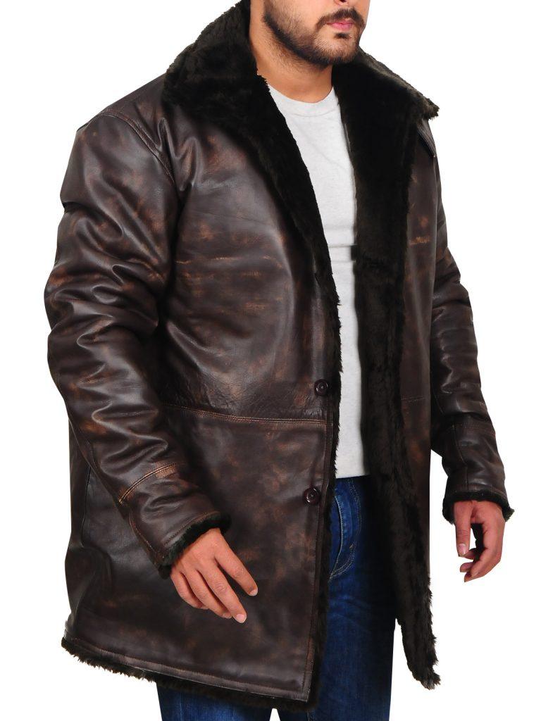 Brown Fur Collar Distressed Jacket For Men