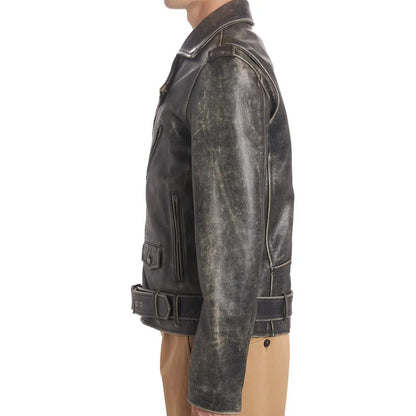 Distressed Leather Moto Jacket For Men