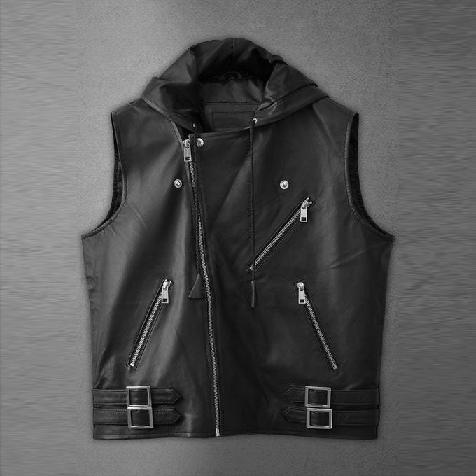 Men's Black Asymmetrical Biker MC Club Leather Hooded Vest