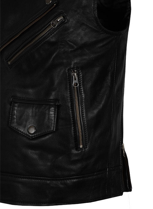 Mens Classic Black Leather Motorcycle Biker Vest