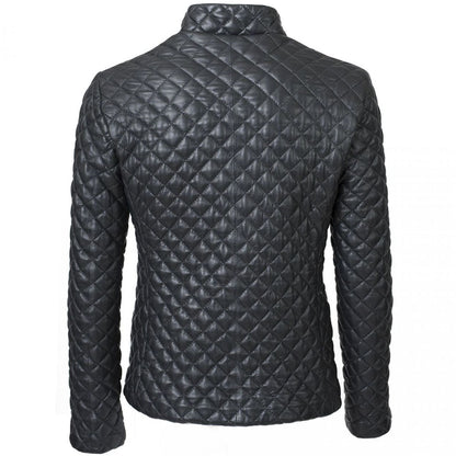 Mens Black Leather Puffer Jacket With Diamond Quilted