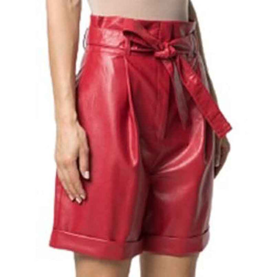 Red Leather Shorts for Women with Side Pockets