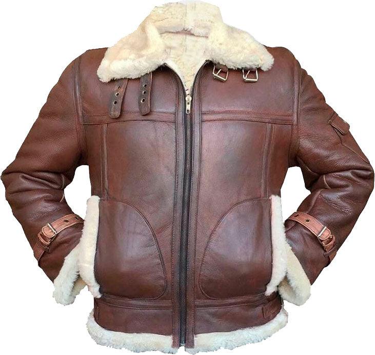 Men's Handmade Brown Flying Leather Jacket With Fur