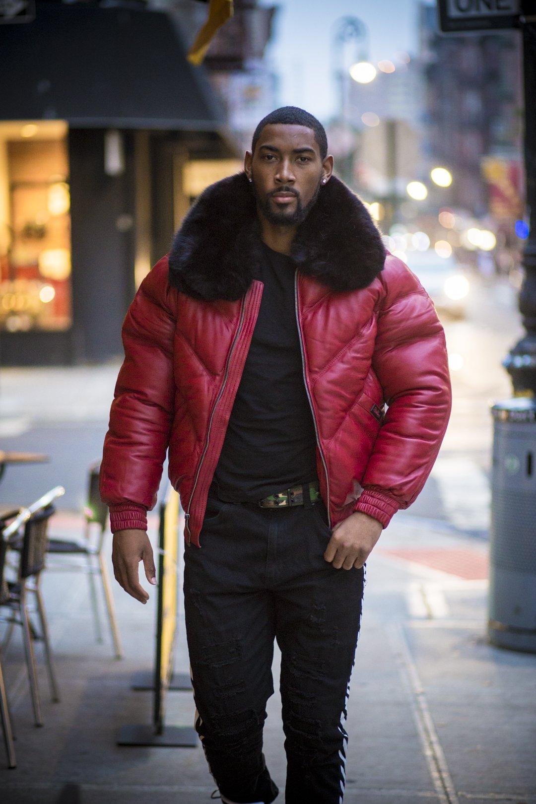 MEN'S RED (BLACK FUR) V BOMBER JACKET