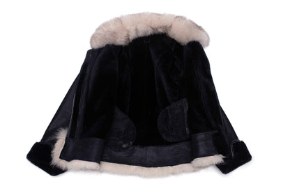 Black Shearling Sheepskin Jacket with Fox fur trim For Women