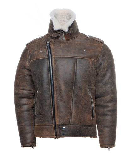 Distressed Biker bomber shearling jacket with notch lapels