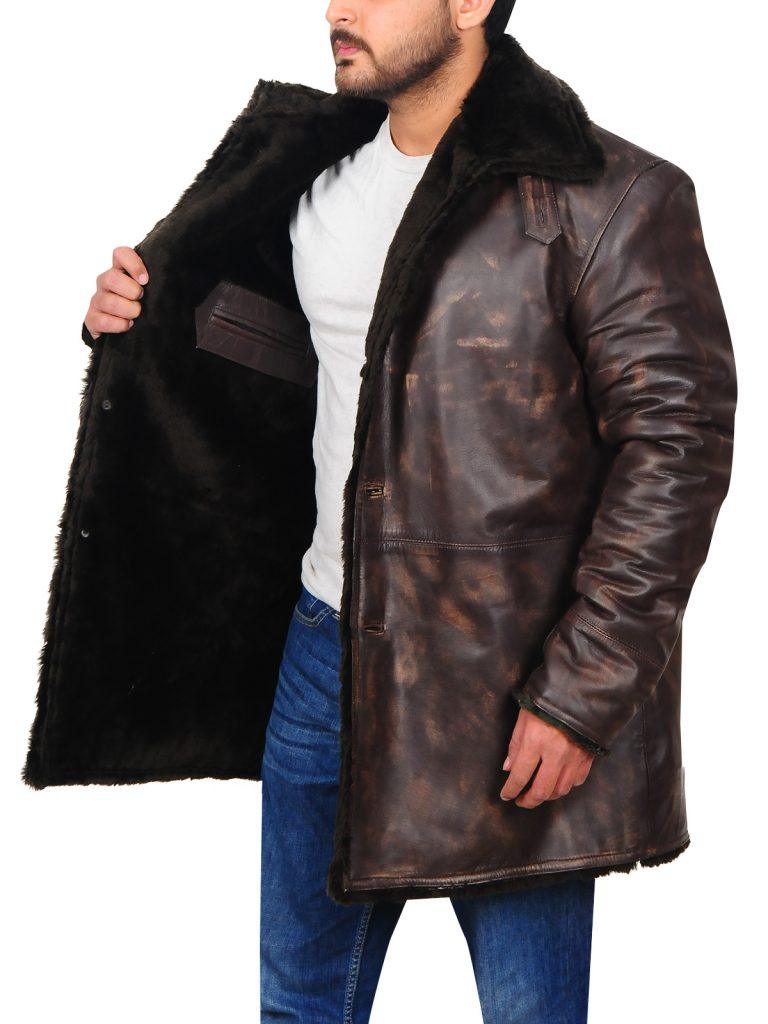 Brown Fur Collar Distressed Jacket For Men