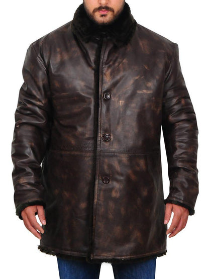 Brown Fur Collar Distressed Jacket For Men