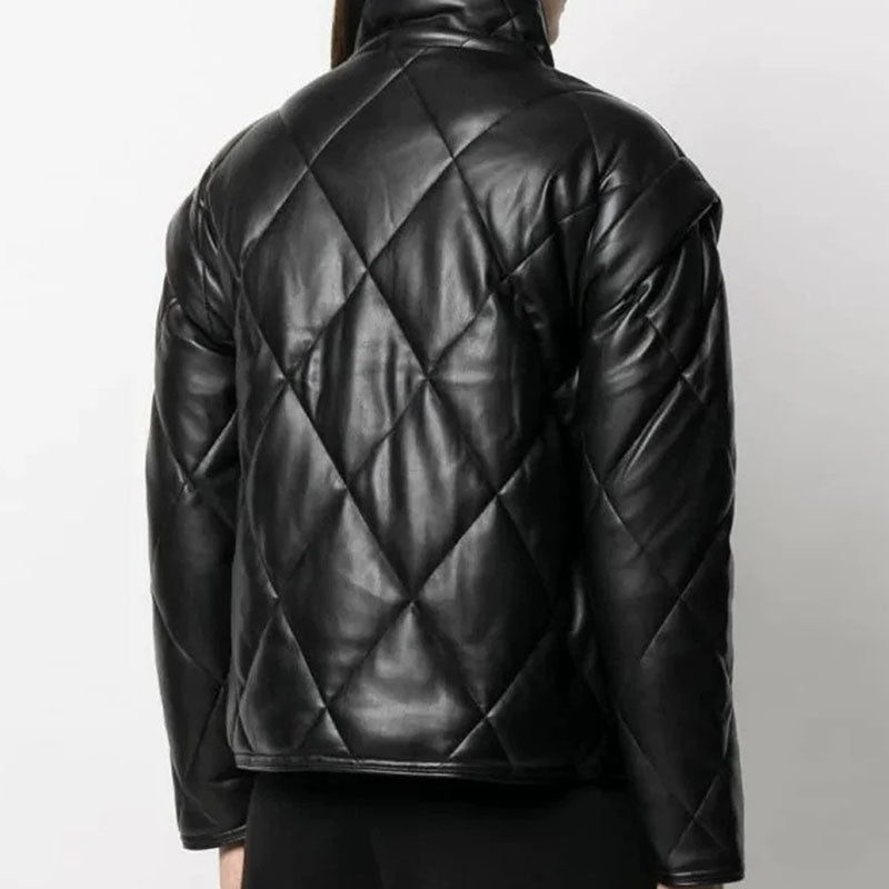 New Women Black Puffer Leather Jacket