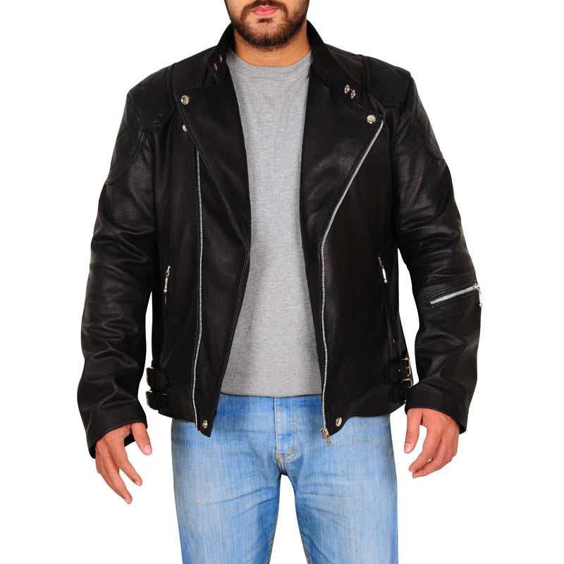 Mens Leather Biker Jacket In Black