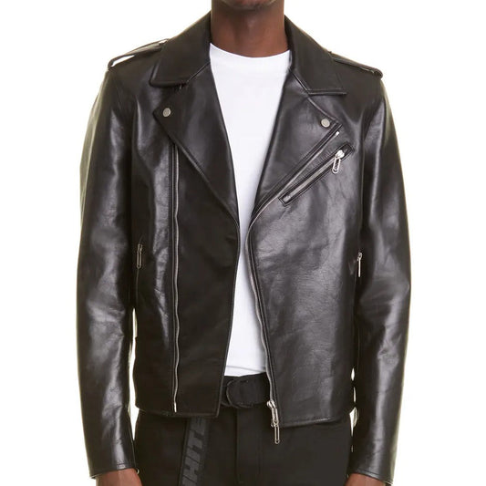 Leather Biker Jacket with Diagonal Stripe