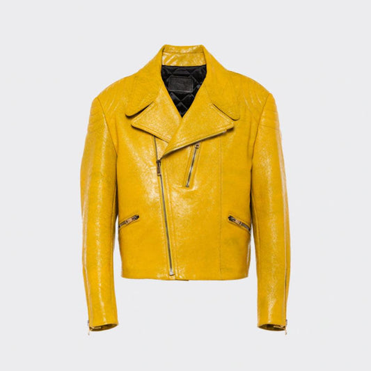 Women's Yellow cowhide leather biker jacket
