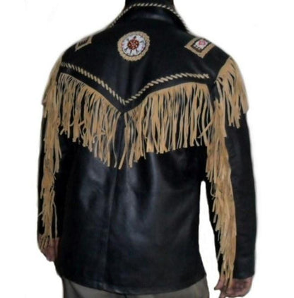 Men's Western Leather Black Beige Fringe Jacket