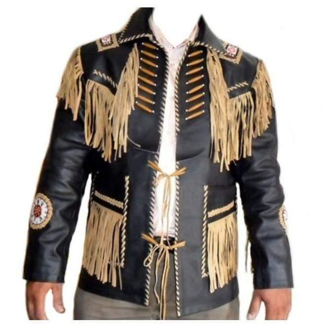 Men's Western Leather Black Beige Fringe Jacket