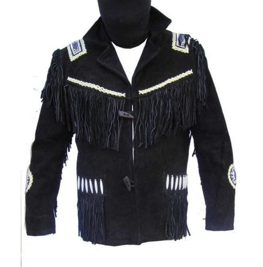 Men's Fringe Jacket Western Wear Cowboy Black Suede Jacket