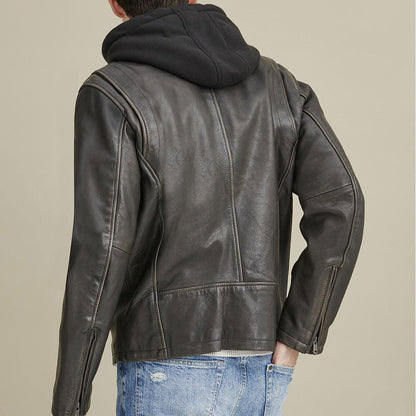 Hooded Biker Leather Jacket For Men