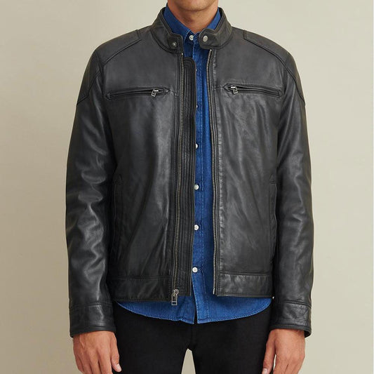 Leather Biker Jacket with Shoulder Patches For Men