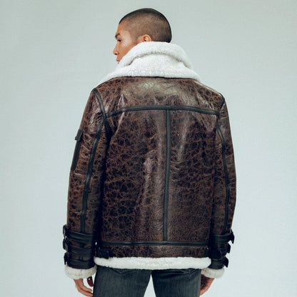 Men's Double Tone Brown Shearling Aviator Leather Jacket