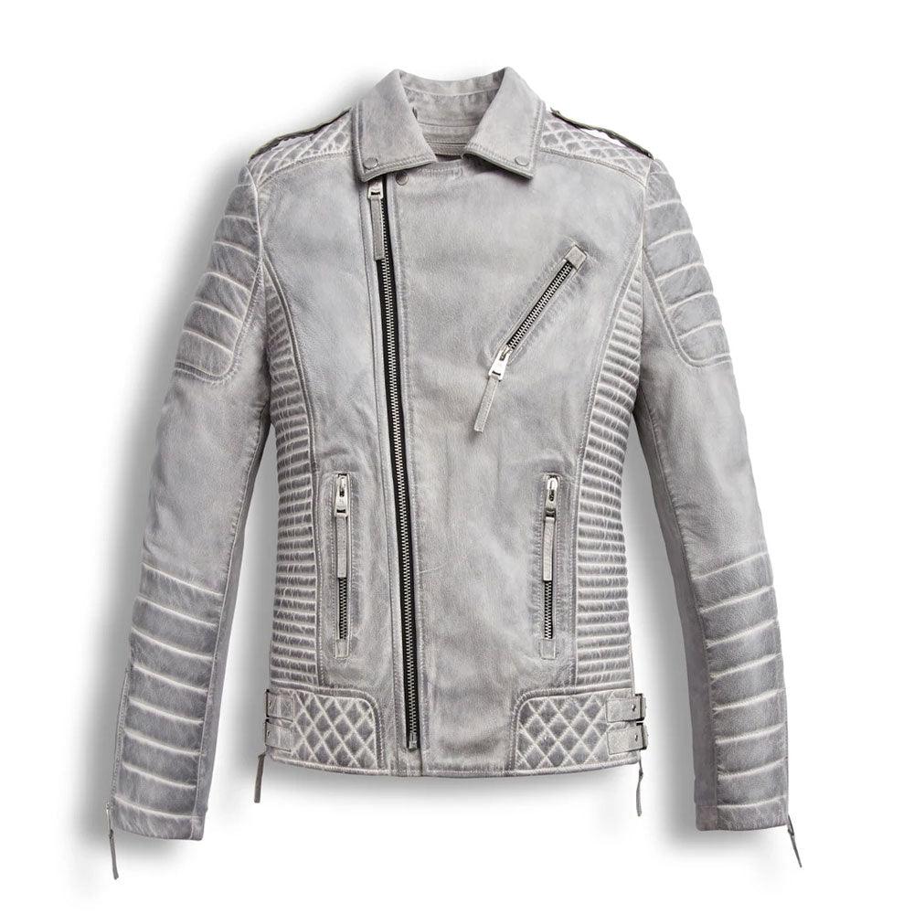 Men's Chrome White Waxed Biker Leather Motorcycle Jacket