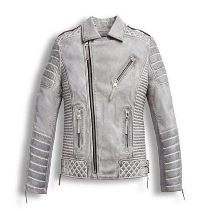 Men's Chrome White Waxed Biker Leather Motorcycle Jacket