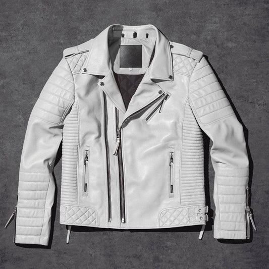 White Pearl Biker Leather Jacket For Men