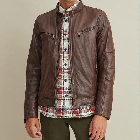 Brown Leather Moto Biker Jacket For Men