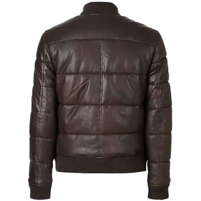 Mens Leather Puffer Bomber Jacket in Brown