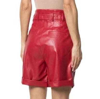 Red Leather Shorts for Women with Side Pockets