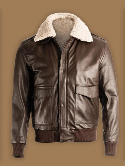 Brown Pilot Shearling Bomber Leather Jacket For Men
