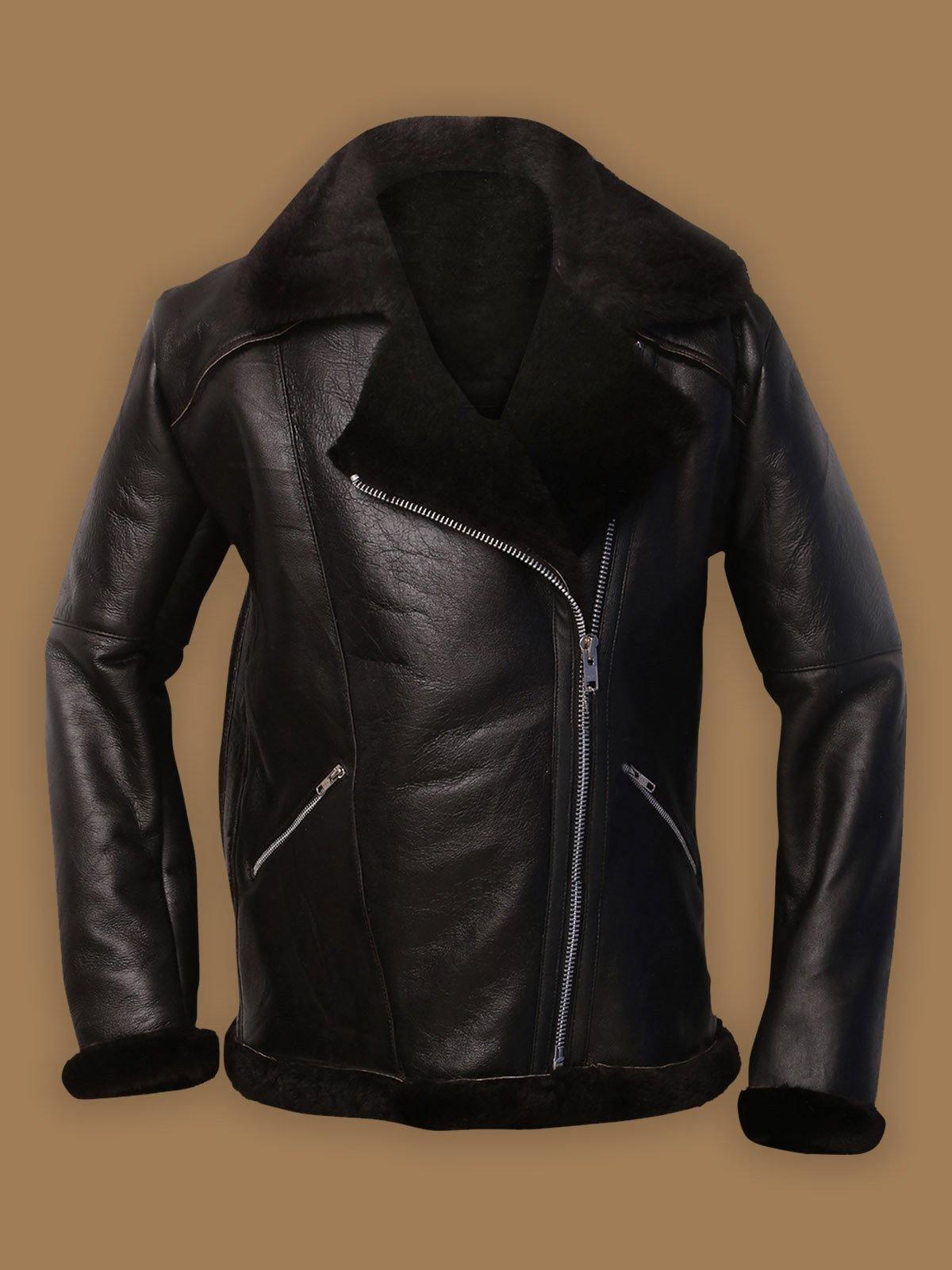 Dark Brown Aviator Shearling Bomber Leather Jacket