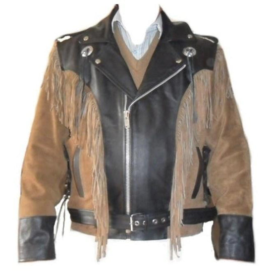 Men 1980's Cowboy Suede Western Leather Black Beige Jacket ,Cowboy Suede Fringe Jacket