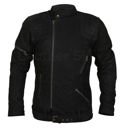Men's Black Suede Belted Western Leather Jacket with Zippers on Shoulders