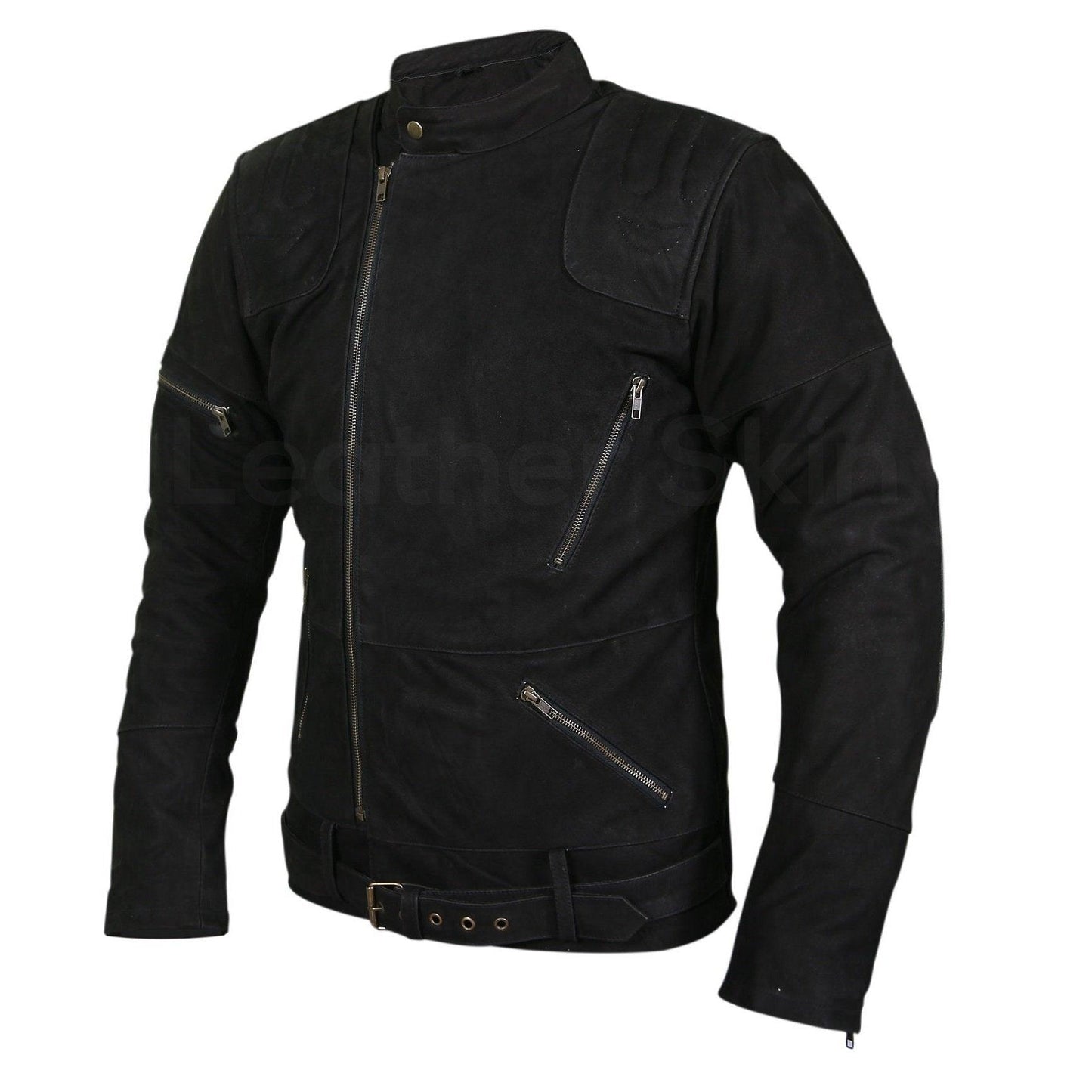 Men's Black Suede Belted Western Leather Jacket with Zippers on Shoulders