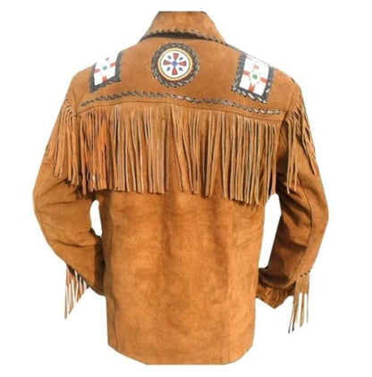 Men's Brown Eagle Beads Western Cowboy Suede Leather Tan Jacket, Fringes Jacket