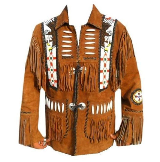 Men's Brown Eagle Beads Western Cowboy Suede Leather Tan Jacket, Fringes Jacket