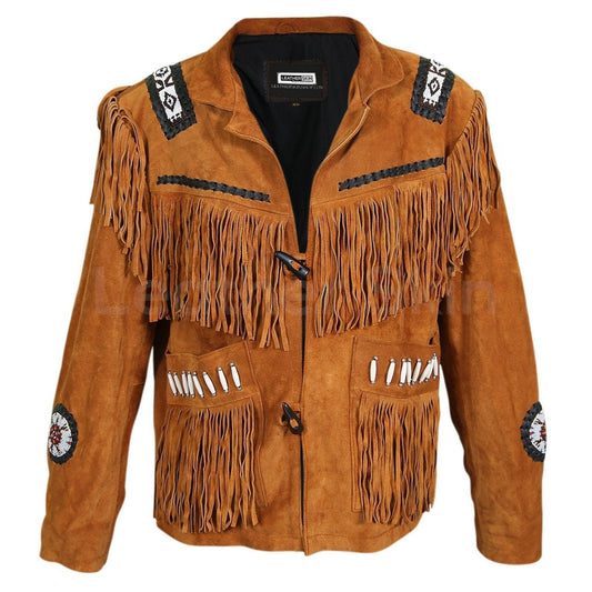 Men's Brown Western Fringes with white beads decoration