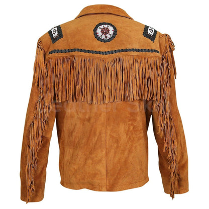 Men's Brown Western Fringes with white beads decoration