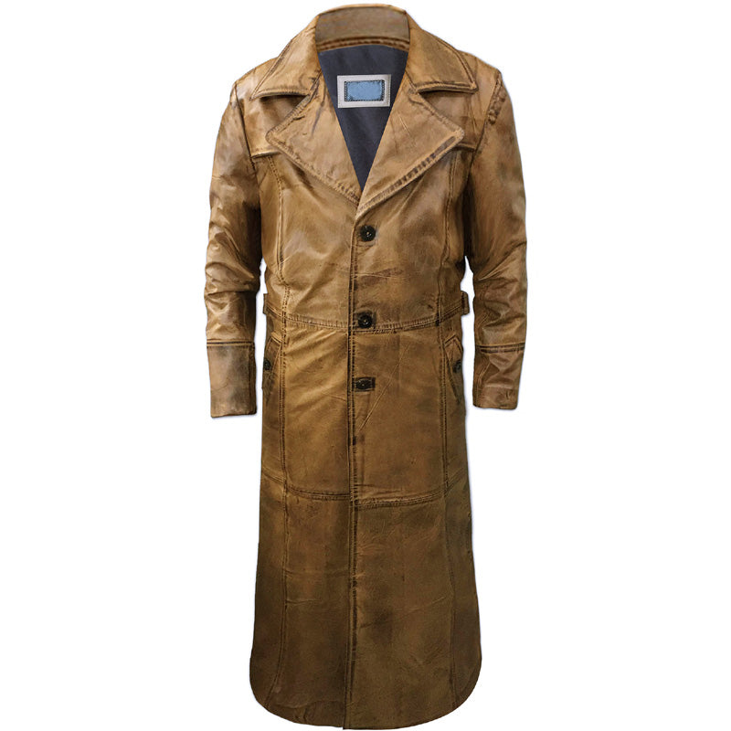 Mens Distressed Brown Leather Trench Coat