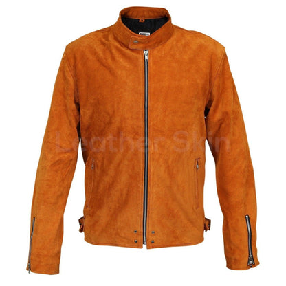 Men's Tan Suede Western Leather Jacket with silver zippers