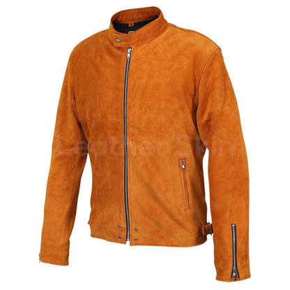 Men's Tan Suede Western Leather Jacket with silver zippers