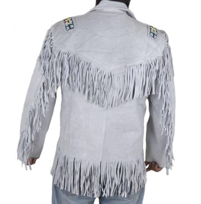 Men's Handmade Western Cowboy Real Leather Jacket, White Leather Jacket With Fringes