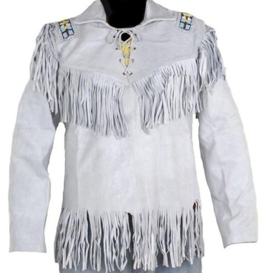 Men's Handmade Western Cowboy Real Leather Jacket, White Leather Jacket With Fringes